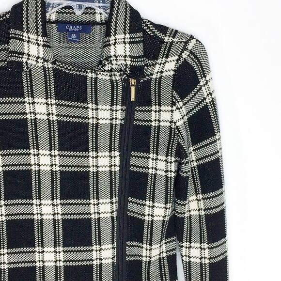 Chaps Womens Size XS Knit Plaid Moto Jacket Black White Asymmetrical Zip Front - Picture 4 of 7